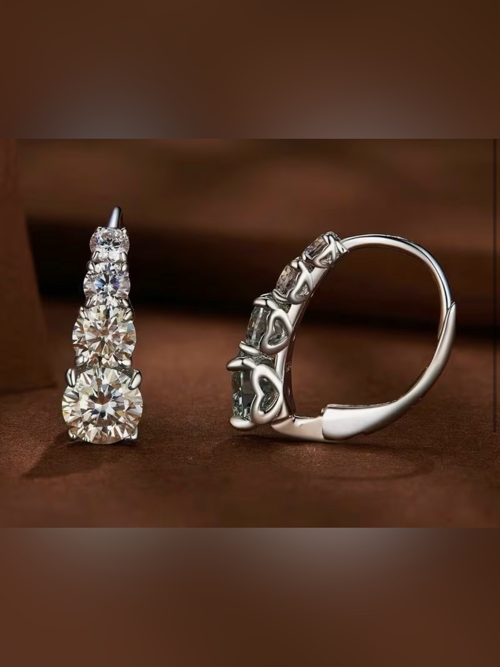 Silver Heart-Detail Moissanite Huggie Earrings - White NWT (BOX)